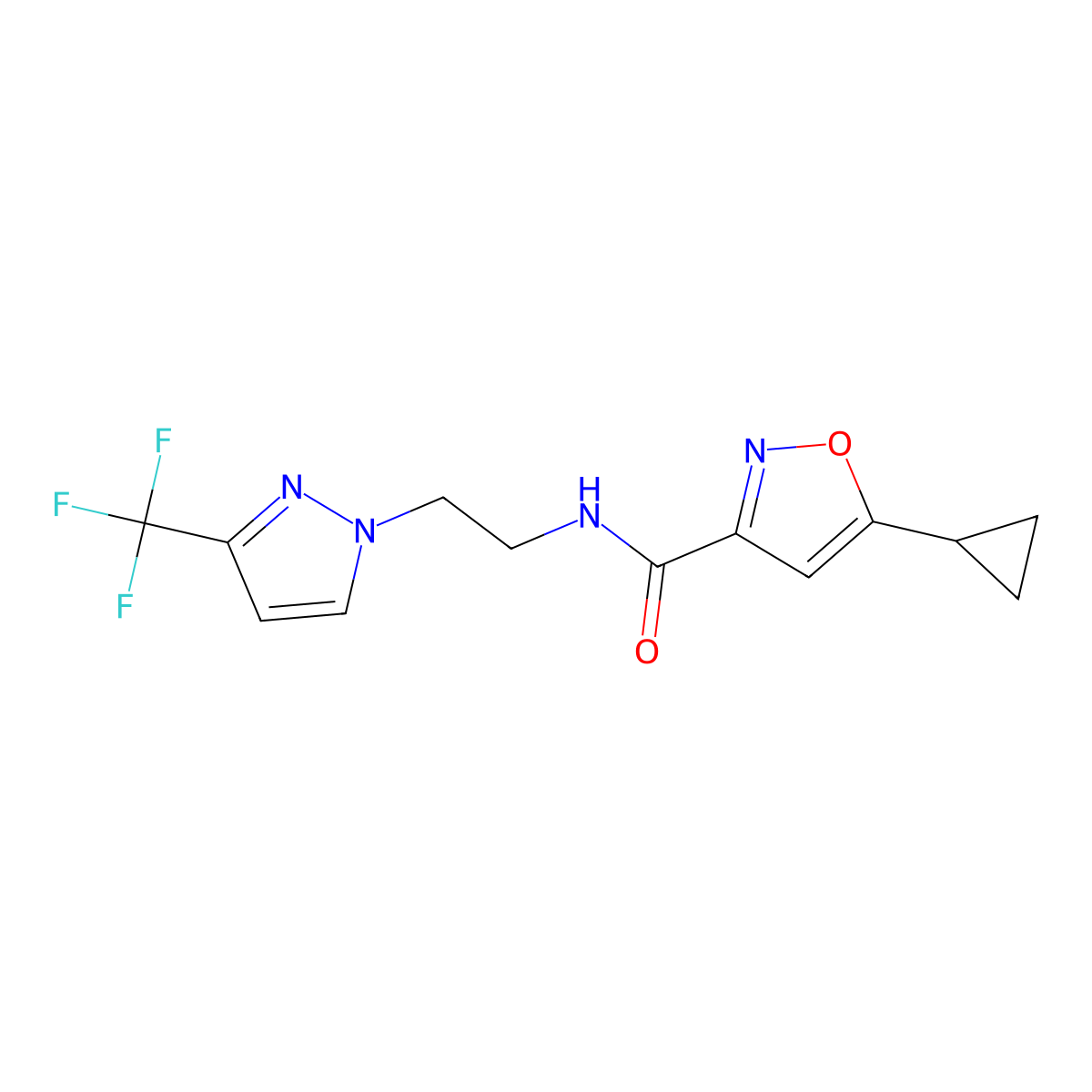 5-cyclopropyl-N-(2-(3-(trifluoromethyl)-1H-pyrazol-1-yl)ethyl)isoxazole-3-carboxamide molecular structure, CAS 1448071-91-7