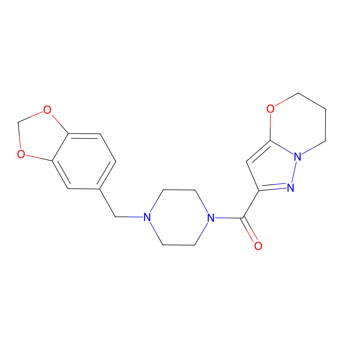 (4-(benzo[d][1,3]dioxol-5-ylmethyl)piperazin-1-yl)(6,7-dihydro-5H-pyrazolo[5,1-b][1,3]oxazin-2-yl)methanone molecular structure, CAS 1448071-92-8