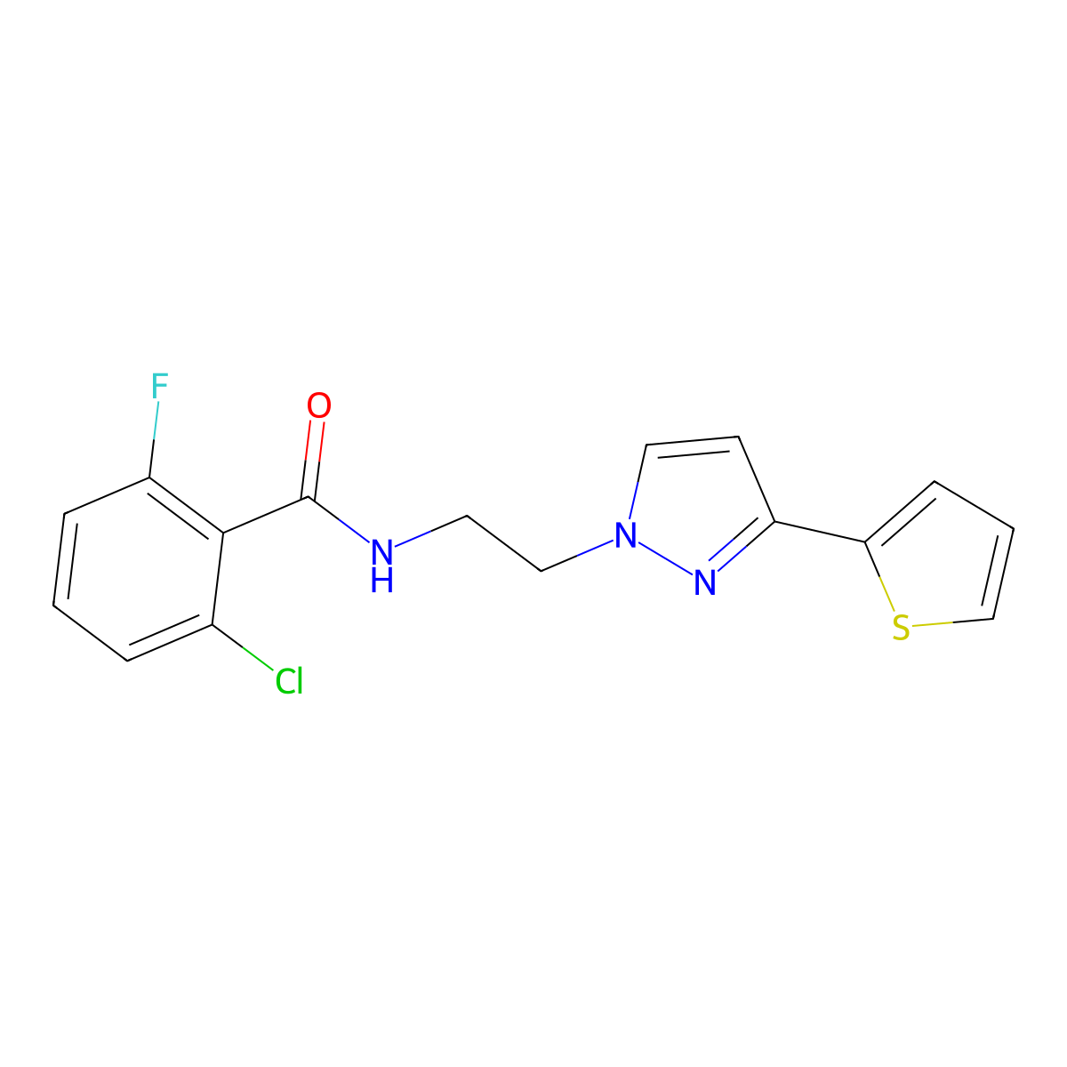 2-chloro-6-fluoro-N-(2-(3-(thiophen-2-yl)-1H-pyrazol-1-yl)ethyl)benzamide molecular structure, CAS 1448071-95-1