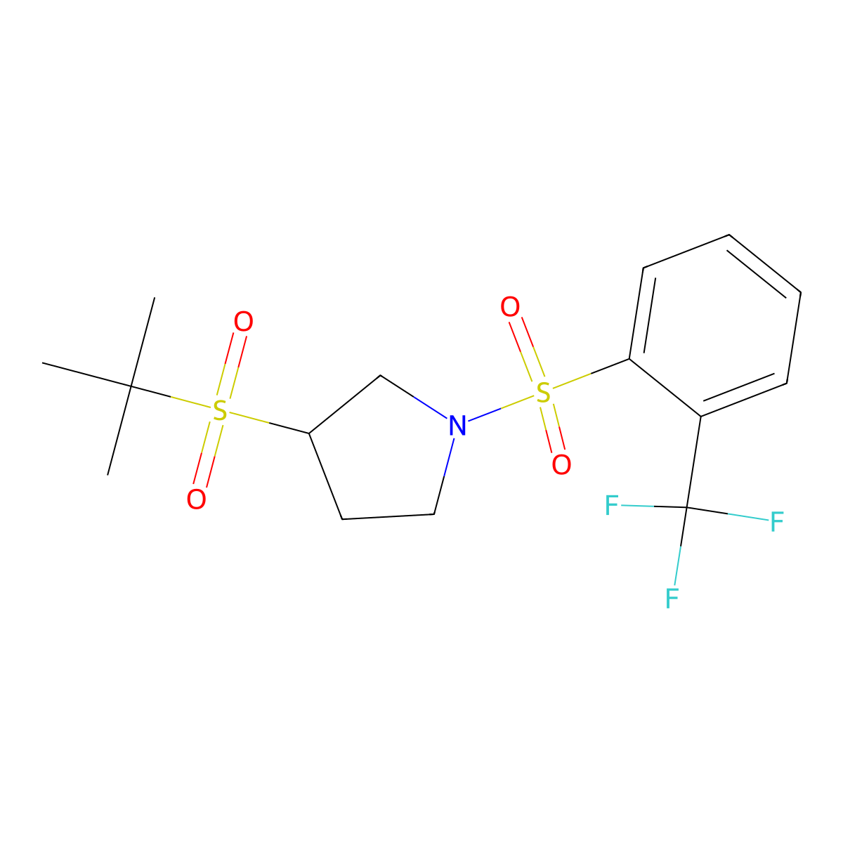3-(Tert-butylsulfonyl)-1-((2-(trifluoromethyl)phenyl)sulfonyl)pyrrolidine molecular structure, CAS 1448071-99-5