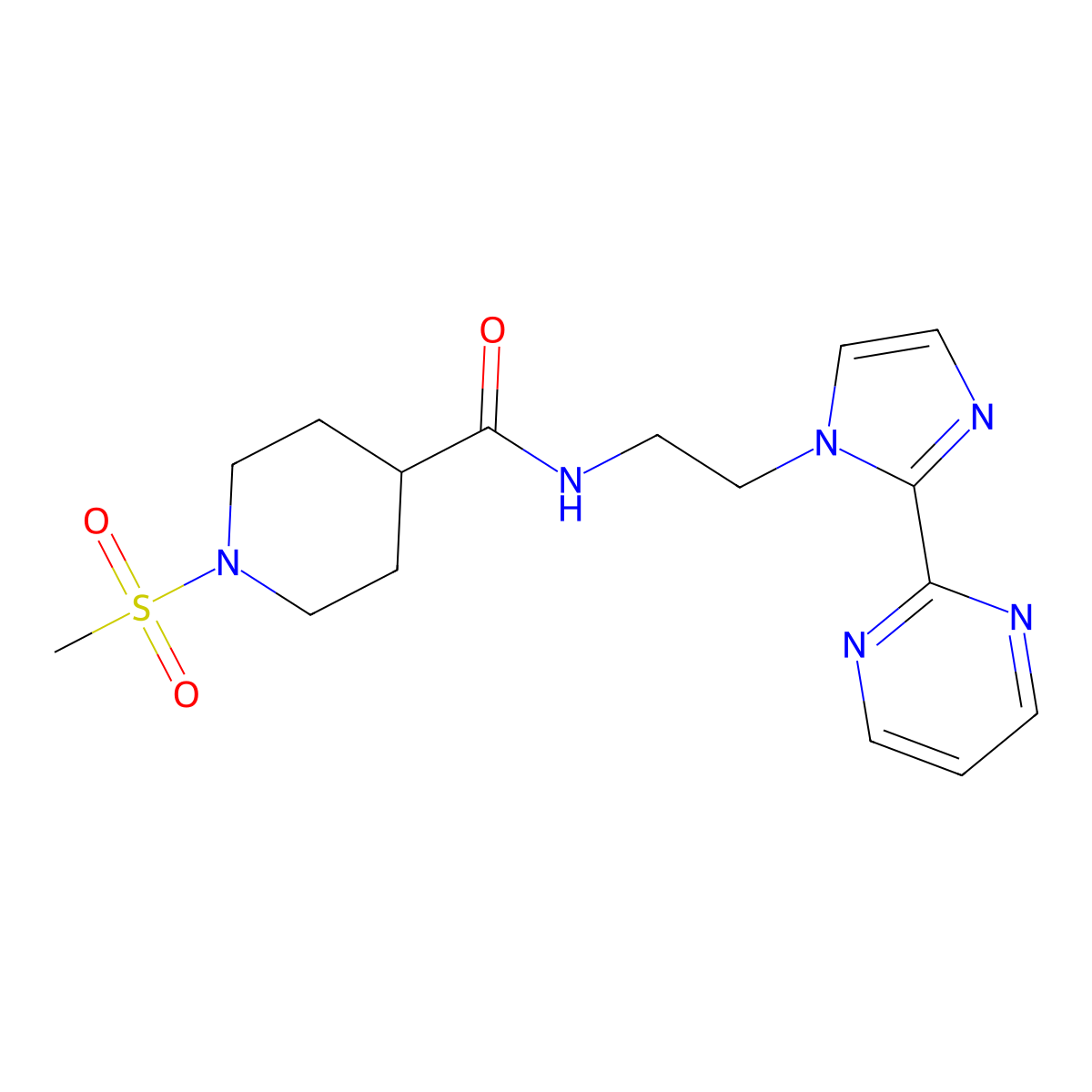1-(methylsulfonyl)-N-(2-(2-(pyrimidin-2-yl)-1H-imidazol-1-yl)ethyl)piperidine-4-carboxamide molecular structure, CAS 1448072-00-1