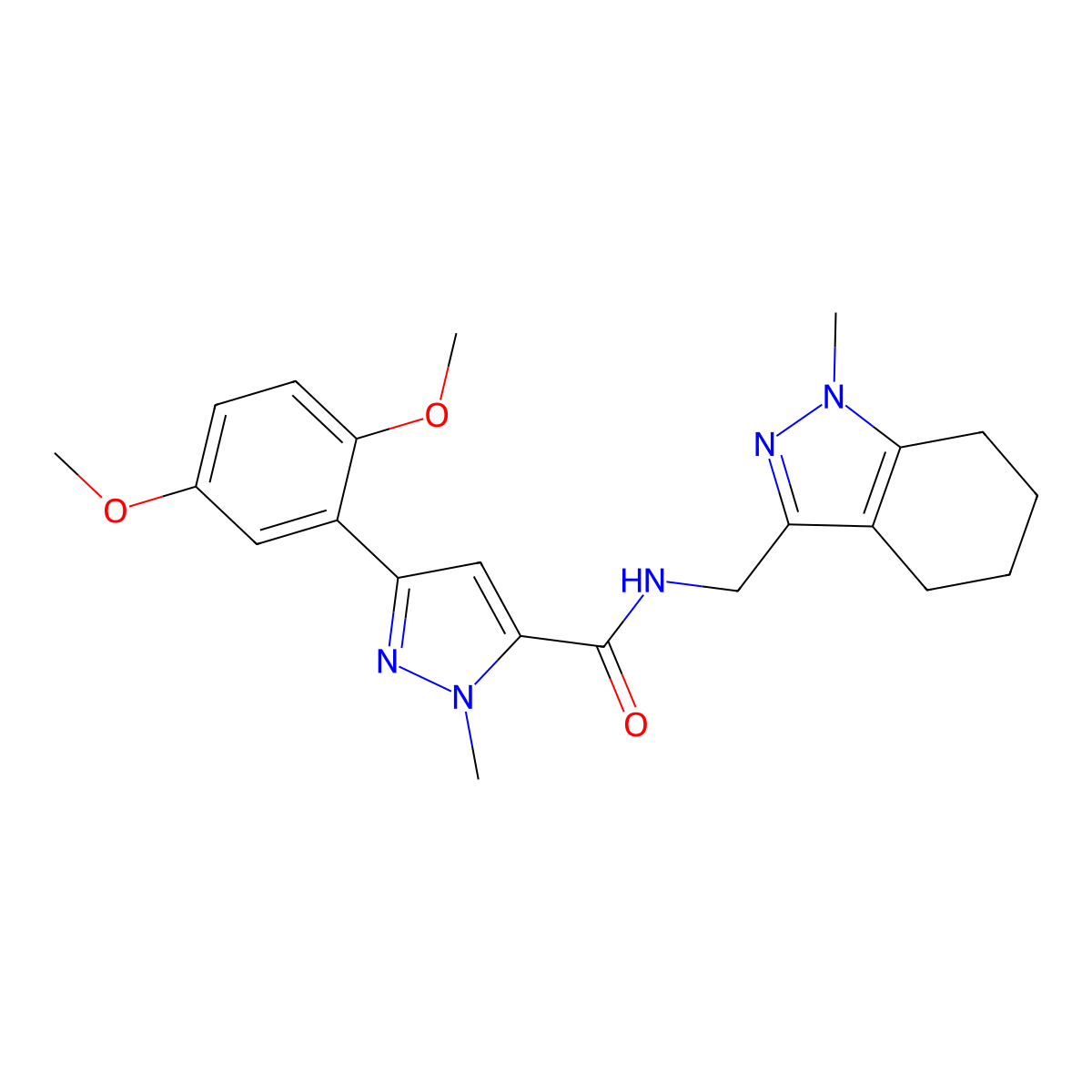 3-(2,5-dimethoxyphenyl)-1-methyl-N-[(1-methyl-4,5,6,7-tetrahydro-1H-indazol-3-yl)methyl]-1H-pyrazole-5-carboxamide molecular structure, CAS 1448072-06-7