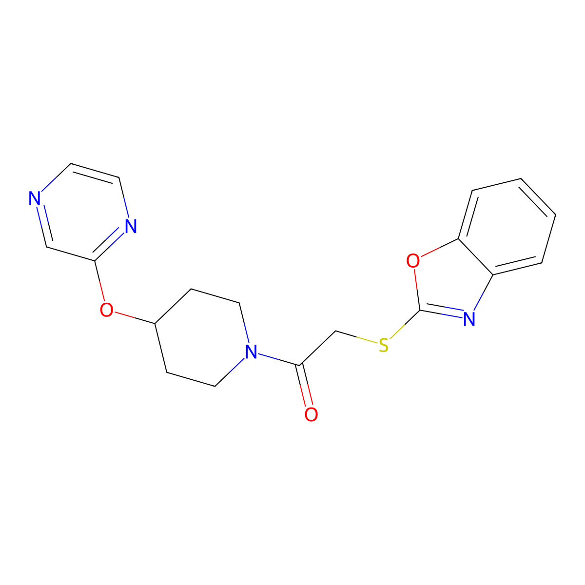 2-(Benzo[d]oxazol-2-ylthio)-1-(4-(pyrazin-2-yloxy)piperidin-1-yl)ethanone molecular structure, CAS 1448072-09-0