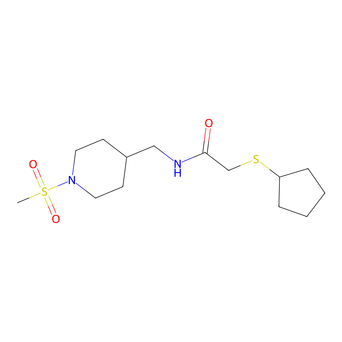 2-(cyclopentylthio)-N-((1-(methylsulfonyl)piperidin-4-yl)methyl)acetamide molecular structure, CAS 1448072-10-3