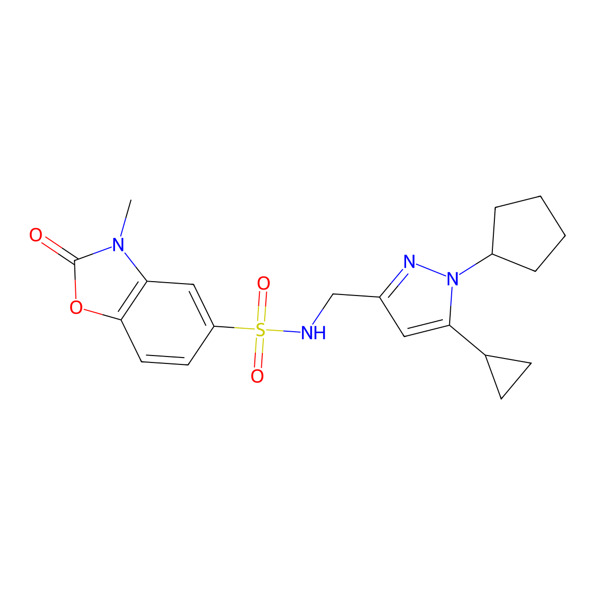 N-((1-cyclopentyl-5-cyclopropyl-1H-pyrazol-3-yl)methyl)-3-methyl-2-oxo-2,3-dihydrobenzo[d]oxazole-5-sulfonamide molecular structure, CAS 1448072-21-6