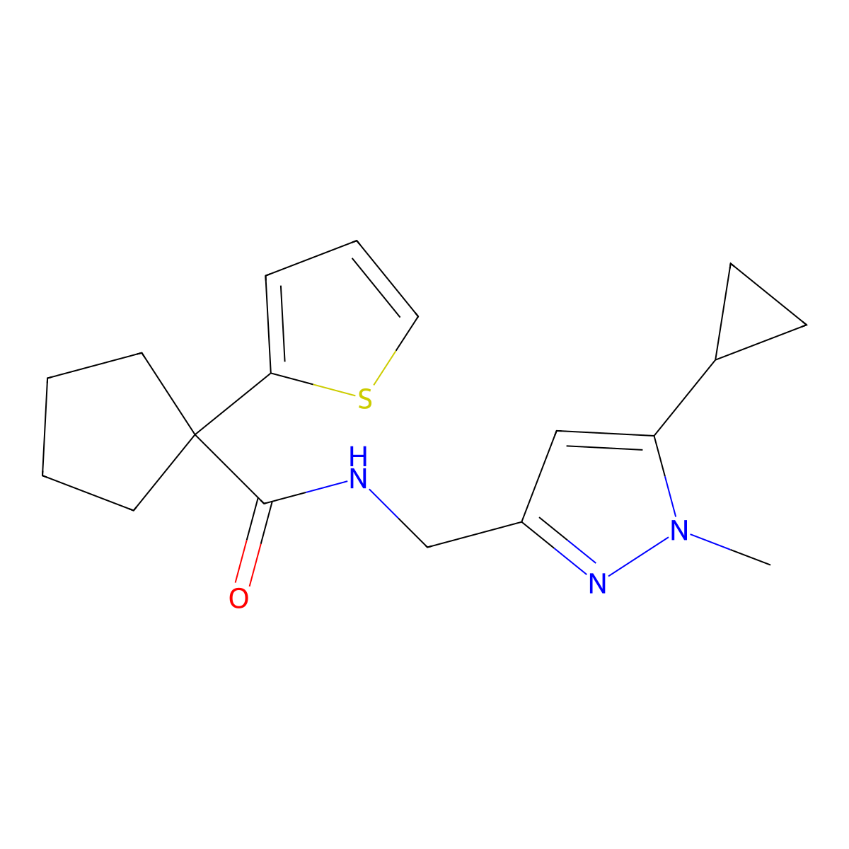 N-[(5-cyclopropyl-1-methyl-1H-pyrazol-3-yl)methyl]-1-(thiophen-2-yl)cyclopentane-1-carboxamide molecular structure, CAS 1448072-26-1