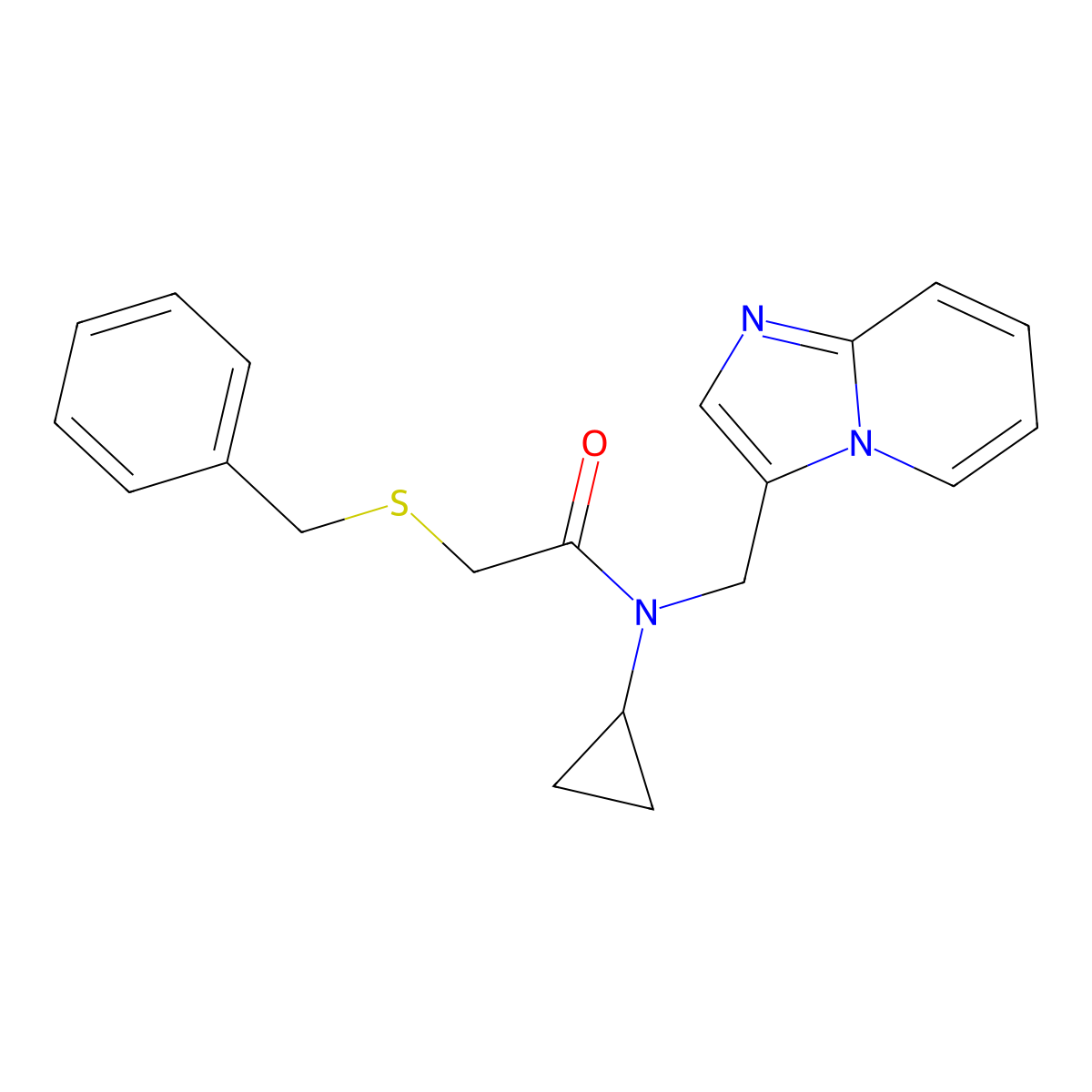 2-(benzylthio)-N-cyclopropyl-N-(imidazo[1,2-a]pyridin-3-ylmethyl)acetamide molecular structure, CAS 1448072-33-0