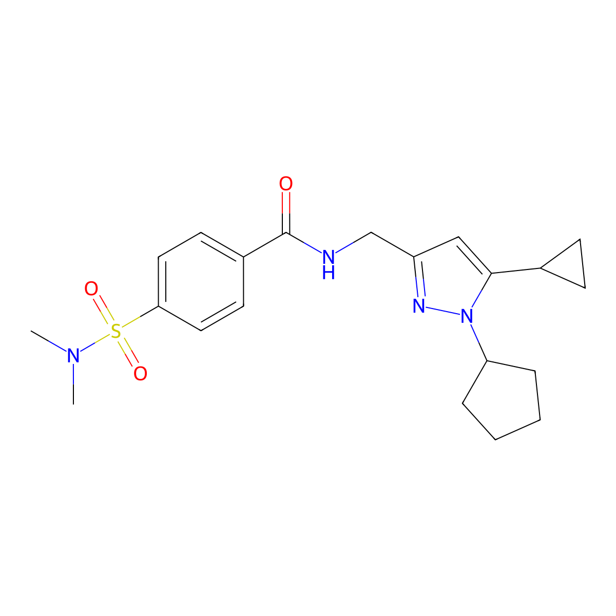 N-((1-cyclopentyl-5-cyclopropyl-1H-pyrazol-3-yl)methyl)-4-(N,N-dimethylsulfamoyl)benzamide molecular structure, CAS 1448072-43-2