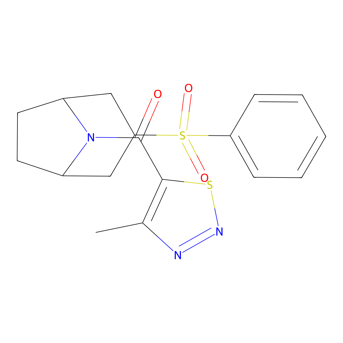 (4-methyl-1,2,3-thiadiazol-5-yl)((1R,5S)-3-(phenylsulfonyl)-8-azabicyclo[3.2.1]octan-8-yl)methanone molecular structure, CAS 1448072-47-6