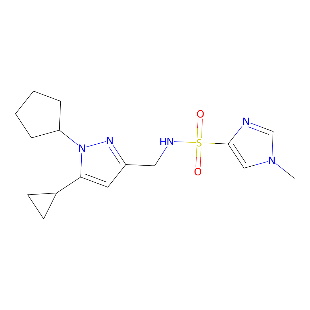 N-[(1-cyclopentyl-5-cyclopropyl-1H-pyrazol-3-yl)methyl]-1-methyl-1H-imidazole-4-sulfonamide molecular structure, CAS 1448072-52-3
