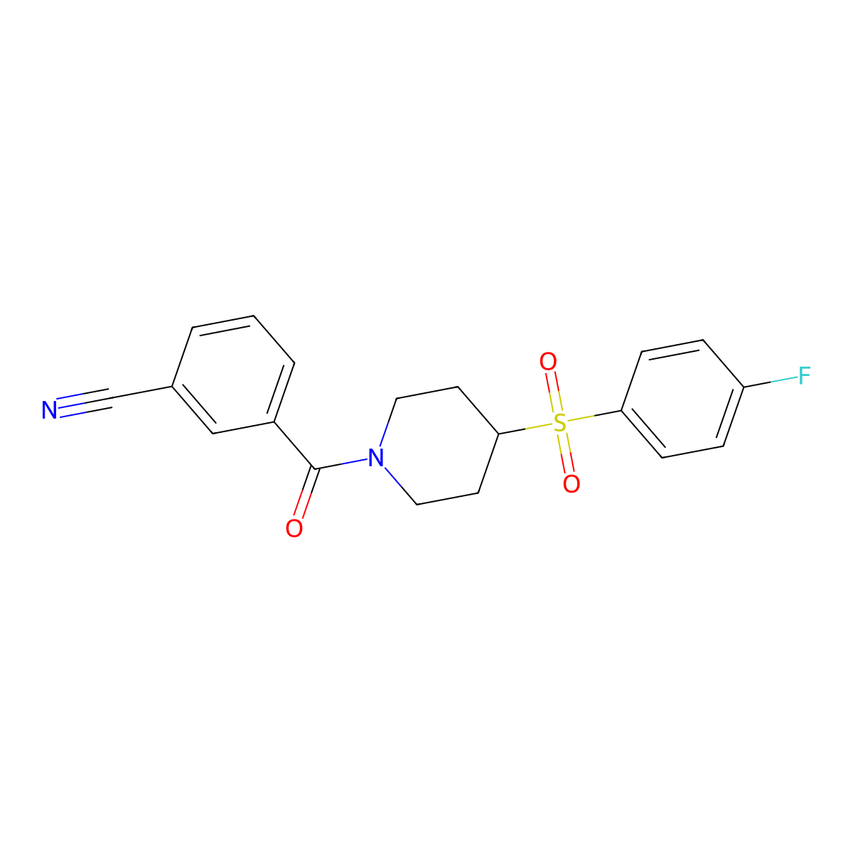 3-(4-((4-Fluorophenyl)sulfonyl)piperidine-1-carbonyl)benzonitrile molecular structure, CAS 1448072-67-0