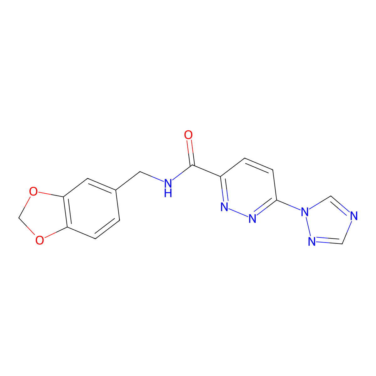 N-(benzo[d][1,3]dioxol-5-ylmethyl)-6-(1H-1,2,4-triazol-1-yl)pyridazine-3-carboxamide molecular structure, CAS 1448072-75-0