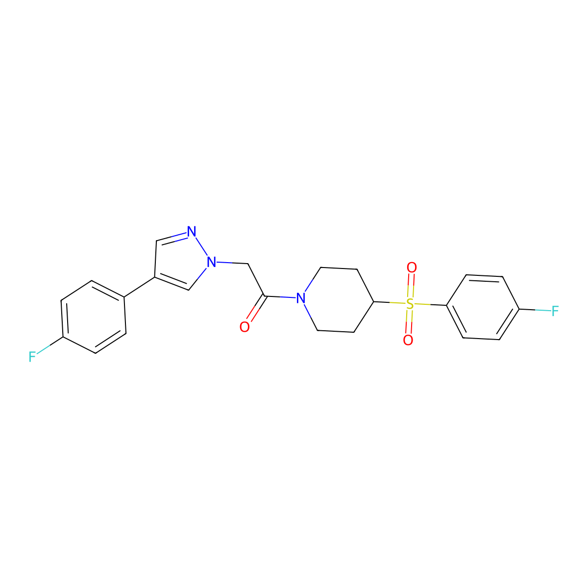 2-(4-(4-fluorophenyl)-1H-pyrazol-1-yl)-1-(4-((4-fluorophenyl)sulfonyl)piperidin-1-yl)ethanone molecular structure, CAS 1448072-78-3