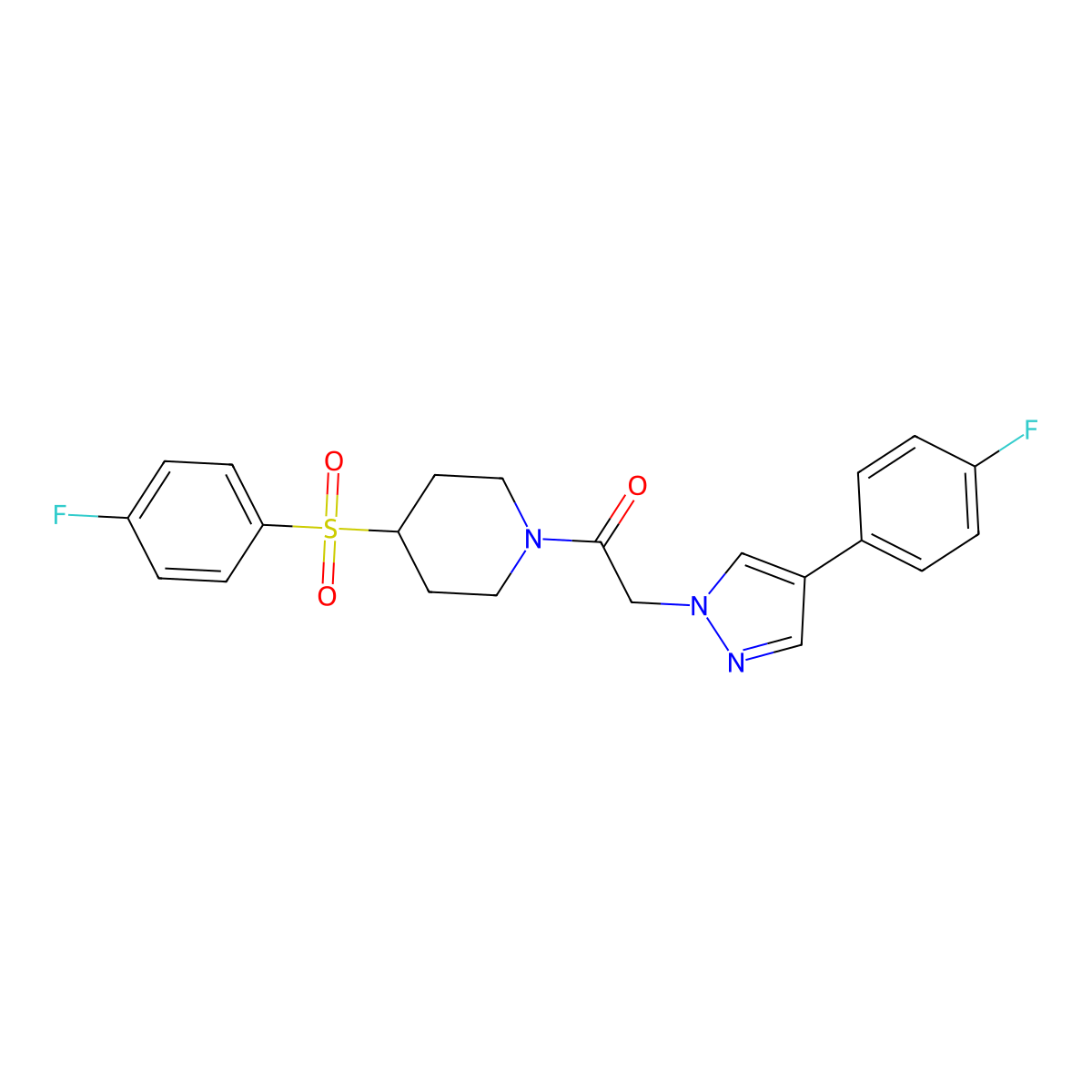 2-(4-(4-fluorophenyl)-1H-pyrazol-1-yl)-1-(4-((4-fluorophenyl)sulfonyl)piperidin-1-yl)ethanone molecular structure, CAS 1448072-78-3