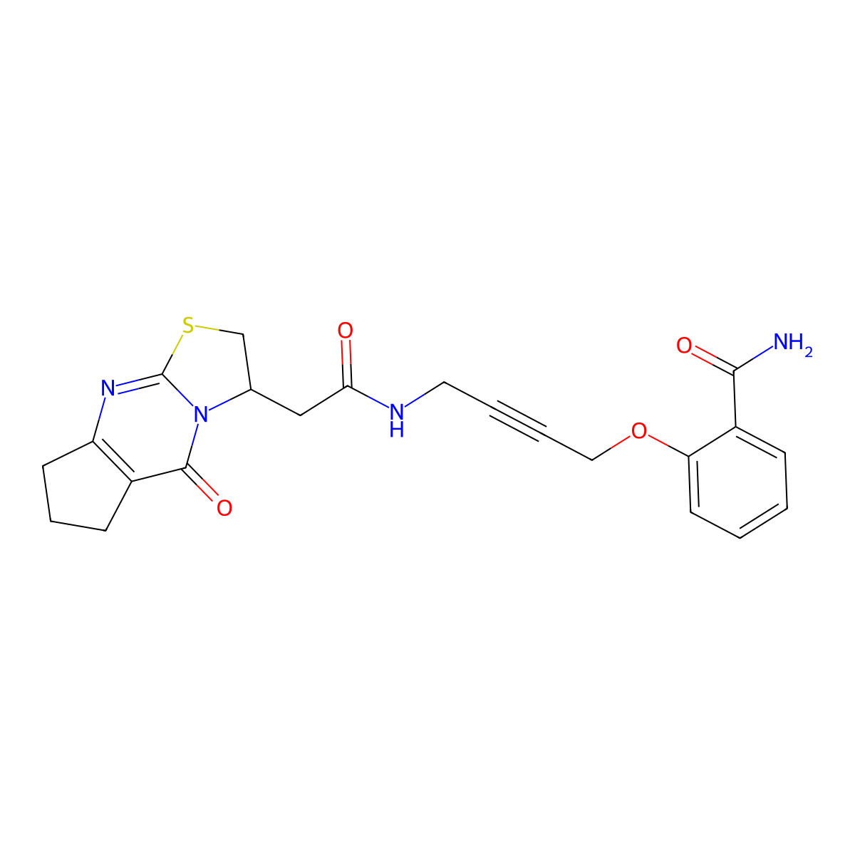 2-((4-(2-(5-Oxo-2,3,5,6,7,8-hexahydrocyclopenta[d]thiazolo[3,2-a]pyrimidin-3-yl)acetamido)but-2-yn-1-yl)oxy)benzamide molecular structure, CAS 1448072-80-7