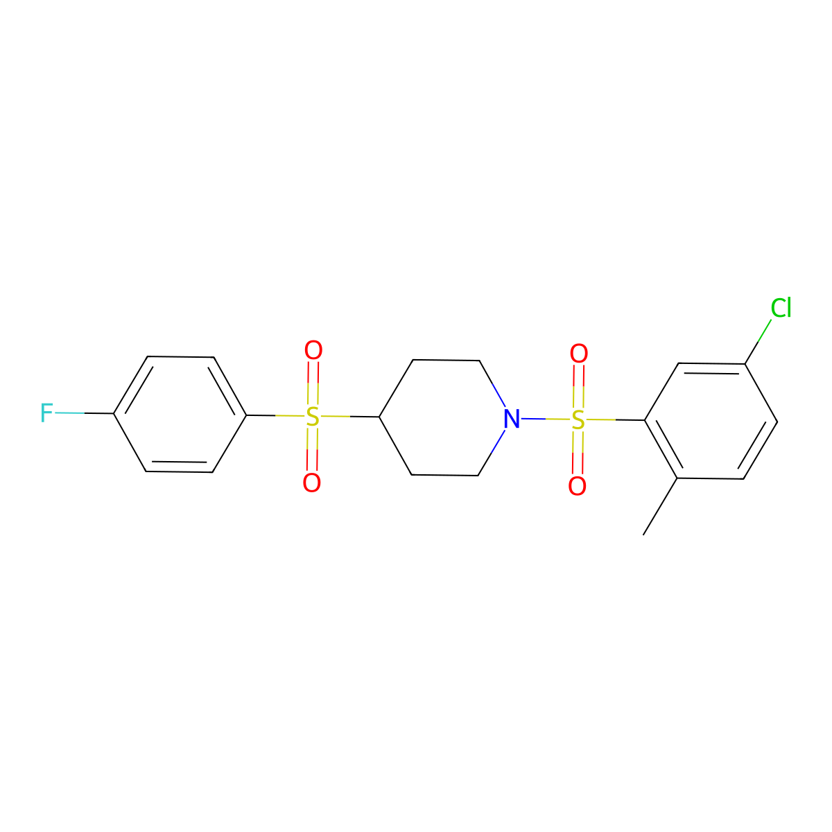 1-((5-Chloro-2-methylphenyl)sulfonyl)-4-((4-fluorophenyl)sulfonyl)piperidine molecular structure, CAS 1448072-85-2