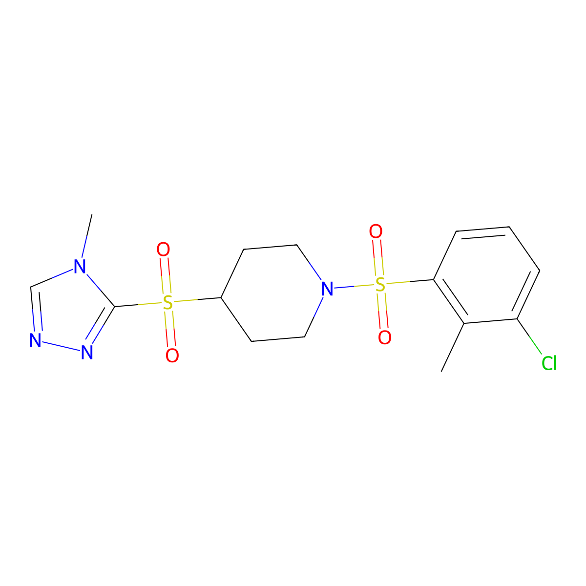 1-((3-chloro-2-methylphenyl)sulfonyl)-4-((4-methyl-4H-1,2,4-triazol-3-yl)sulfonyl)piperidine molecular structure, CAS 1448072-86-3