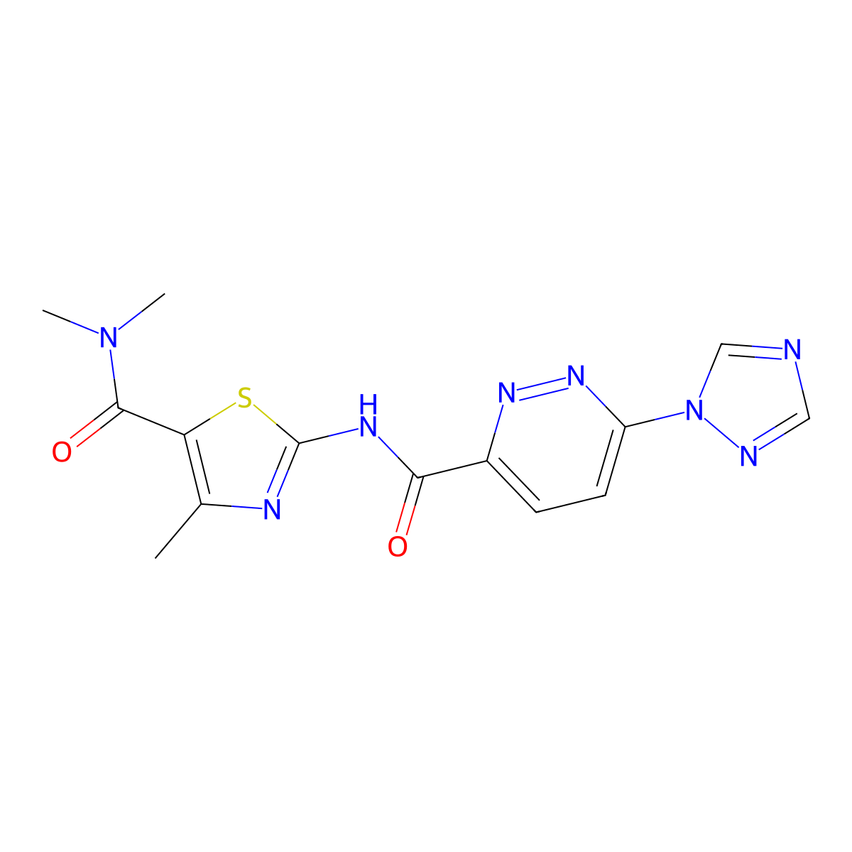 2-(6-(1H-1,2,4-triazol-1-yl)pyridazine-3-carboxamido)-N,N,4-trimethylthiazole-5-carboxamide molecular structure, CAS 1448072-88-5