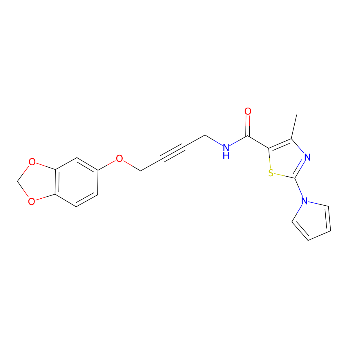 N-(4-(benzo[d][1,3]dioxol-5-yloxy)but-2-yn-1-yl)-4-methyl-2-(1H-pyrrol-1-yl)thiazole-5-carboxamide molecular structure, CAS 1448072-98-7