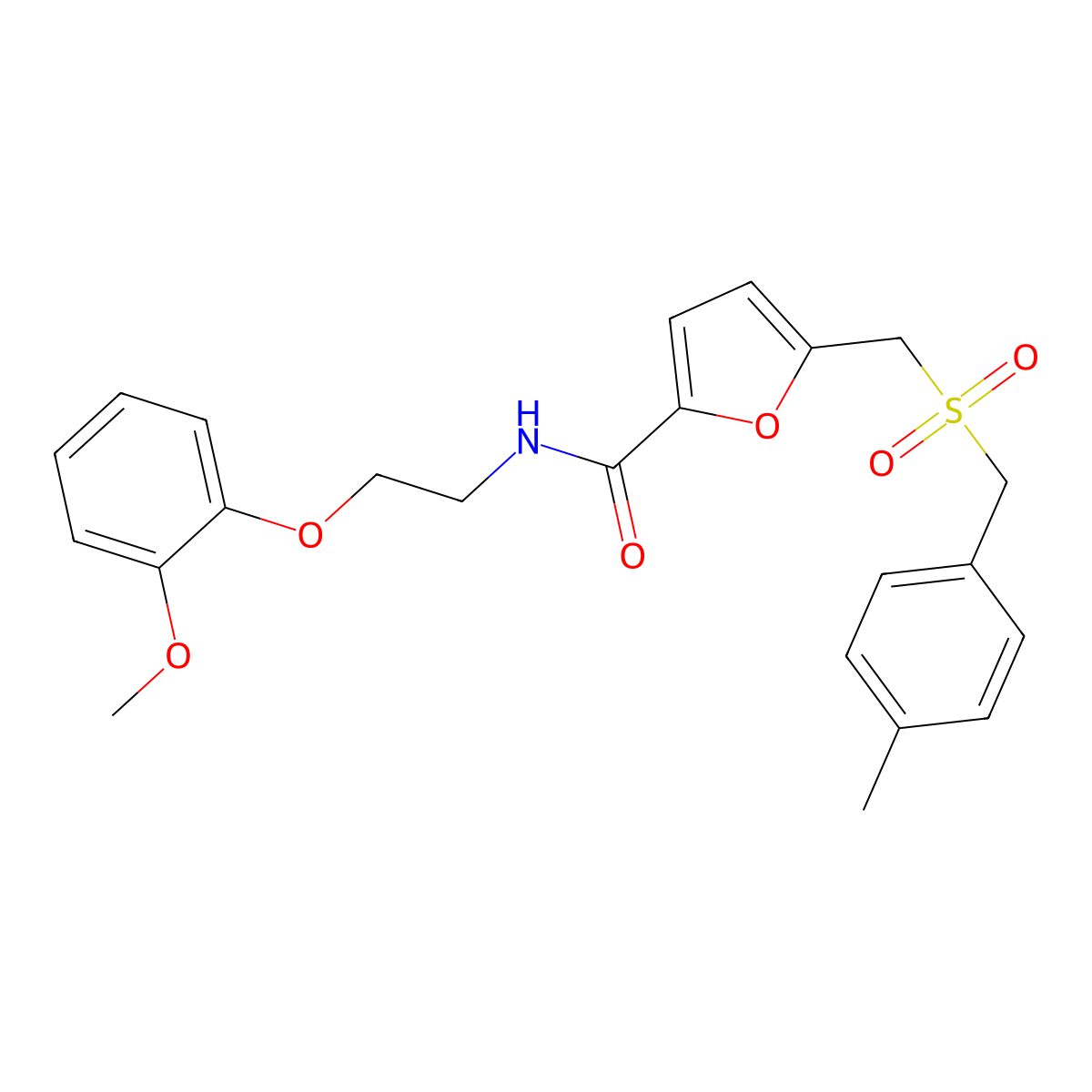 N-(2-(2-methoxyphenoxy)ethyl)-5-(((4-methylbenzyl)sulfonyl)methyl)furan-2-carboxamide molecular structure, CAS 1448073-05-9