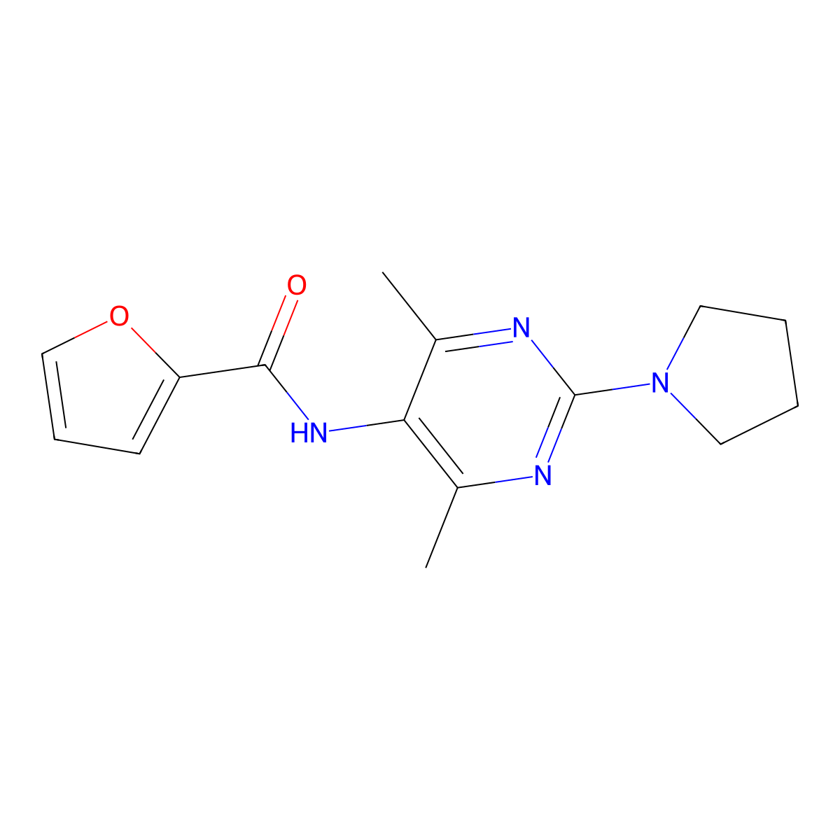 N-(4,6-dimethyl-2-(pyrrolidin-1-yl)pyrimidin-5-yl)furan-2-carboxamide molecular structure, CAS 1448073-08-2