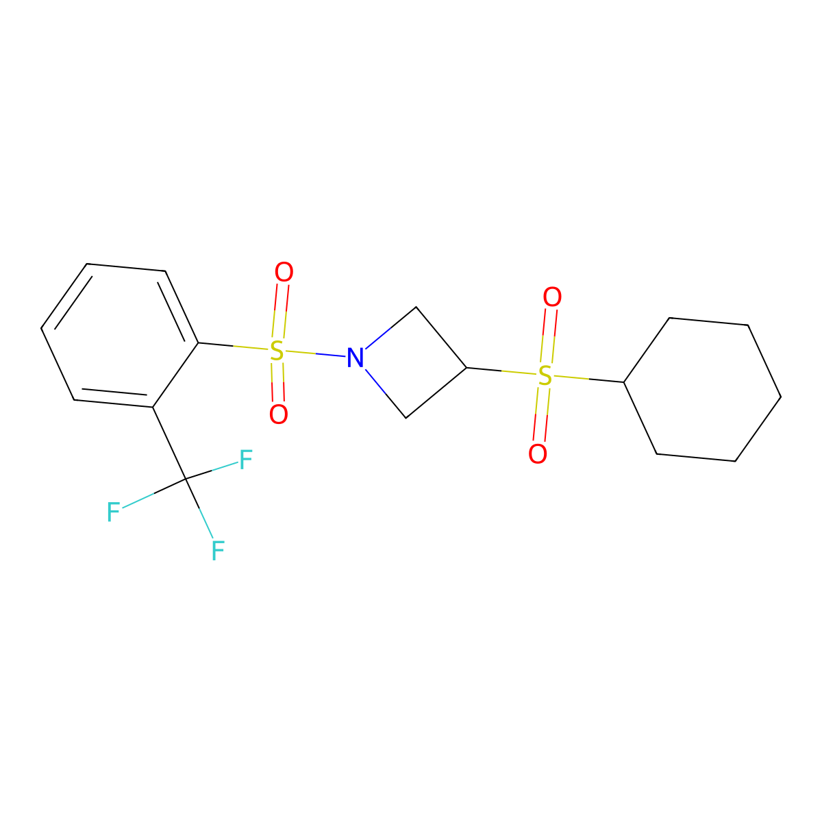 3-(Cyclohexylsulfonyl)-1-((2-(trifluoromethyl)phenyl)sulfonyl)azetidine molecular structure, CAS 1448073-22-0