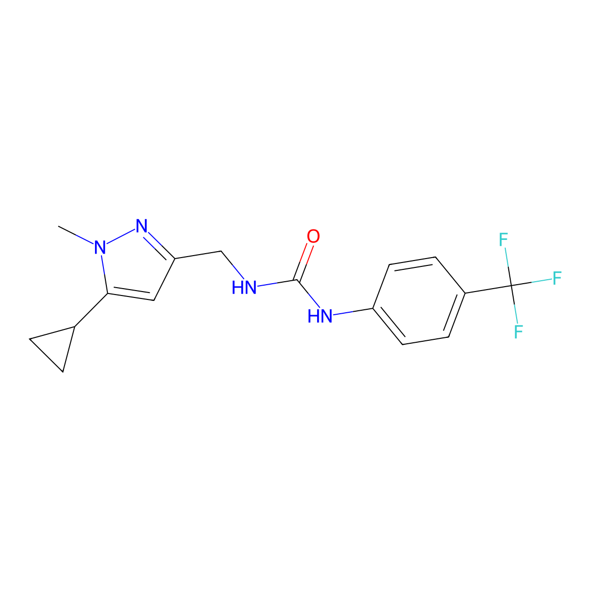 1-((5-cyclopropyl-1-methyl-1H-pyrazol-3-yl)methyl)-3-(4-(trifluoromethyl)phenyl)urea molecular structure, CAS 1448073-24-2