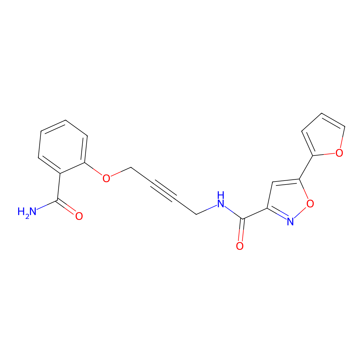 N-(4-(2-carbamoylphenoxy)but-2-yn-1-yl)-5-(furan-2-yl)isoxazole-3-carboxamide molecular structure, CAS 1448073-33-3