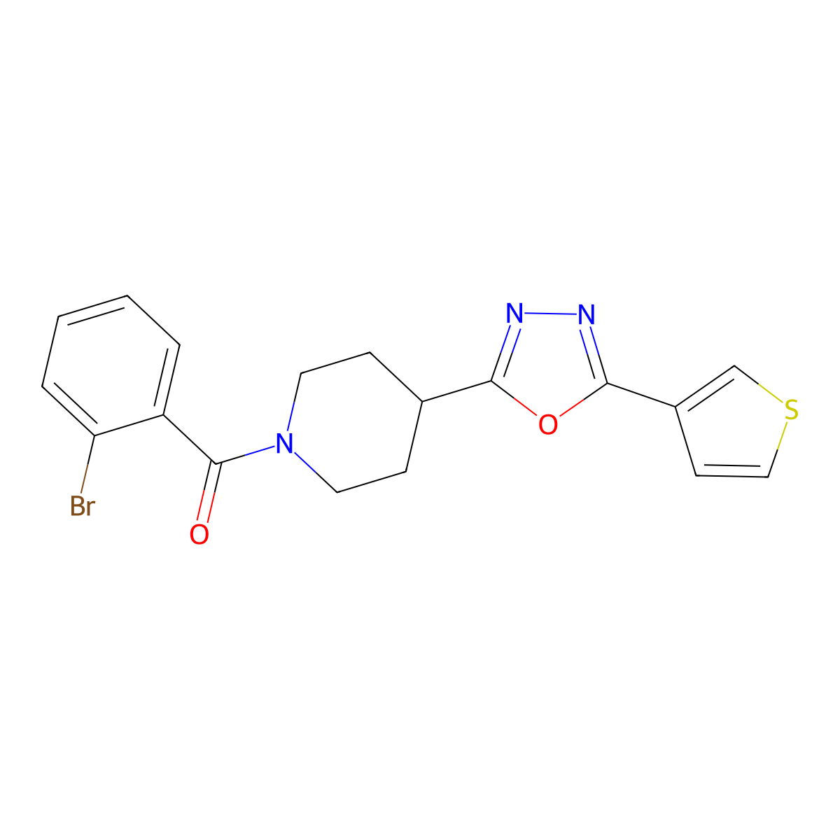 (2-Bromophenyl)(4-(5-(thiophen-3-yl)-1,3,4-oxadiazol-2-yl)piperidin-1-yl)methanone molecular structure, CAS 1448073-36-6