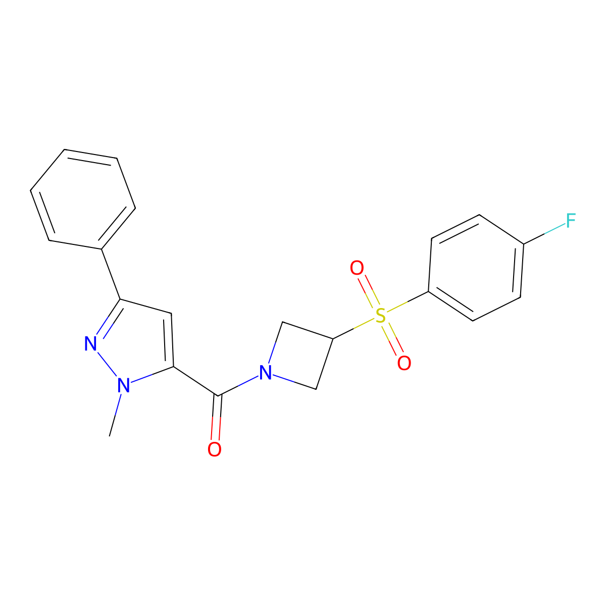 (3-((4-fluorophenyl)sulfonyl)azetidin-1-yl)(1-methyl-3-phenyl-1H-pyrazol-5-yl)methanone molecular structure, CAS 1448073-37-7
