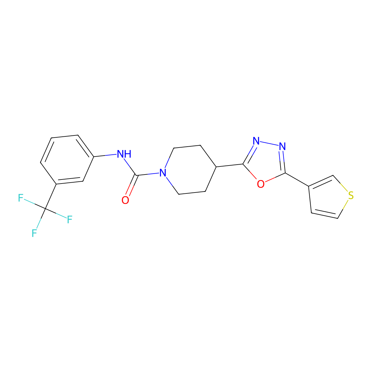 4-(5-(thiophen-3-yl)-1,3,4-oxadiazol-2-yl)-N-(3-(trifluoromethyl)phenyl)piperidine-1-carboxamide molecular structure, CAS 1448073-43-5