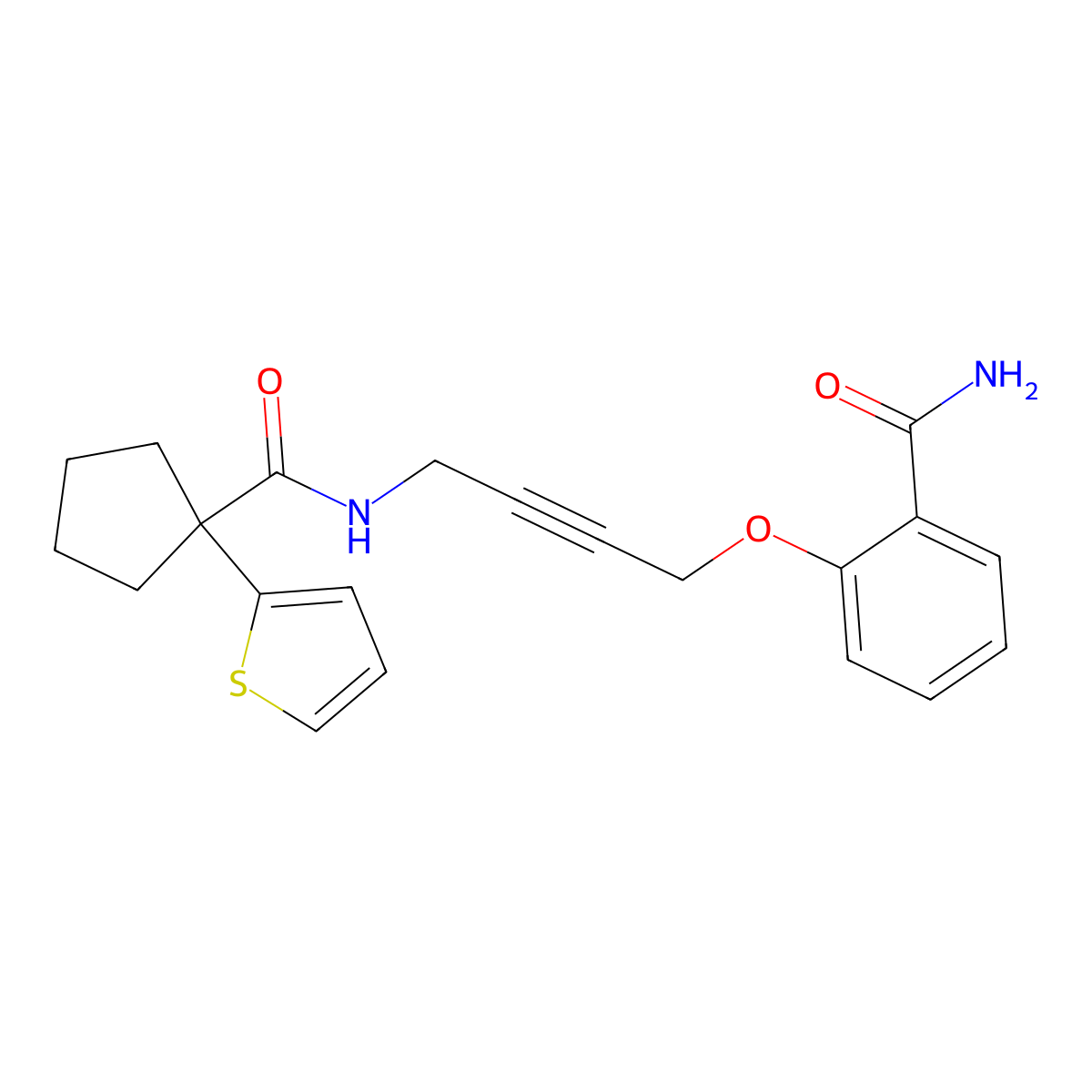 2-((4-(1-(Thiophen-2-yl)cyclopentanecarboxamido)but-2-yn-1-yl)oxy)benzamide molecular structure, CAS 1448073-48-0