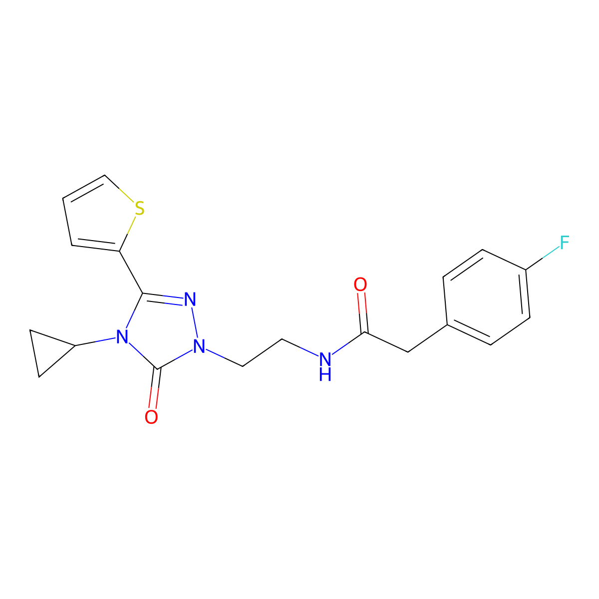 N-{2-[4-cyclopropyl-5-oxo-3-(thiophen-2-yl)-4,5-dihydro-1H-1,2,4-triazol-1-yl]ethyl}-2-(4-fluorophenyl)acetamide molecular structure, CAS 1448073-52-6