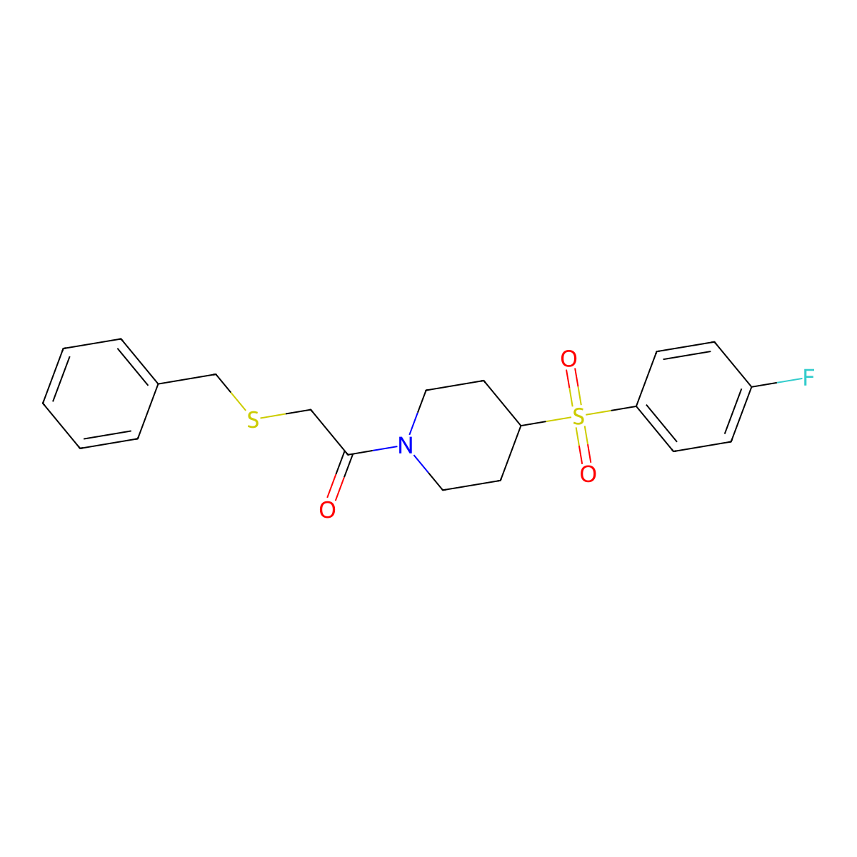 2-(Benzylthio)-1-(4-((4-fluorophenyl)sulfonyl)piperidin-1-yl)ethanone molecular structure, CAS 1448073-59-3