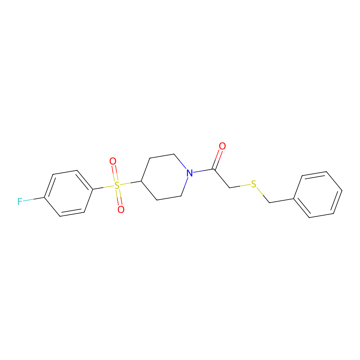 2-(Benzylthio)-1-(4-((4-fluorophenyl)sulfonyl)piperidin-1-yl)ethanone molecular structure, CAS 1448073-59-3