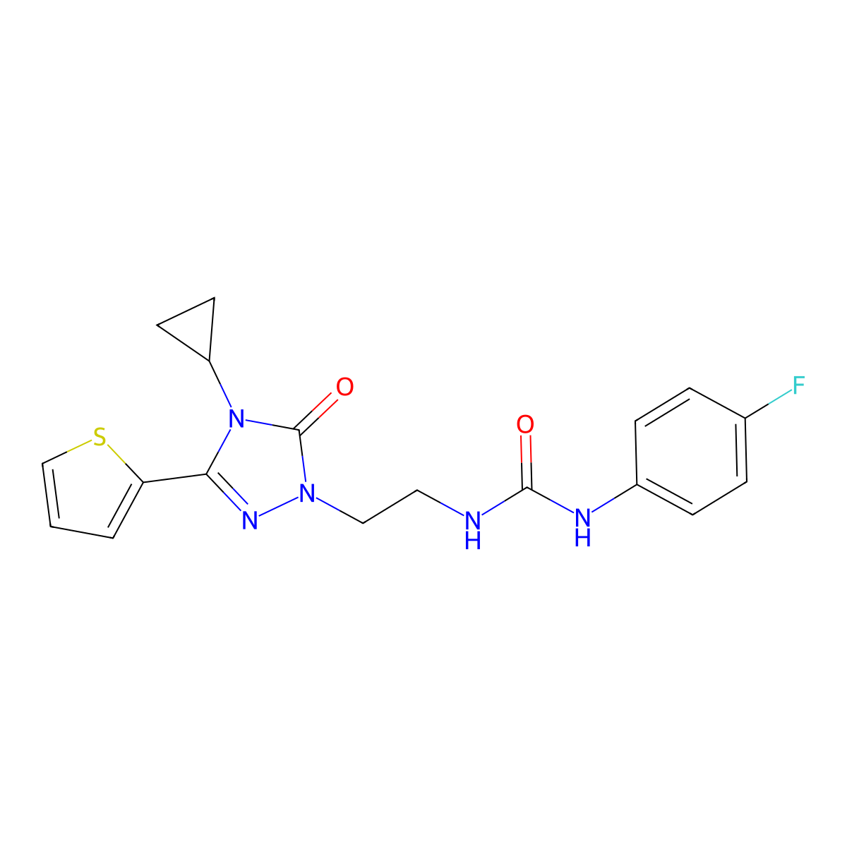 1-(2-(4-cyclopropyl-5-oxo-3-(thiophen-2-yl)-4,5-dihydro-1H-1,2,4-triazol-1-yl)ethyl)-3-(4-fluorophenyl)urea molecular structure, CAS 1448073-60-6