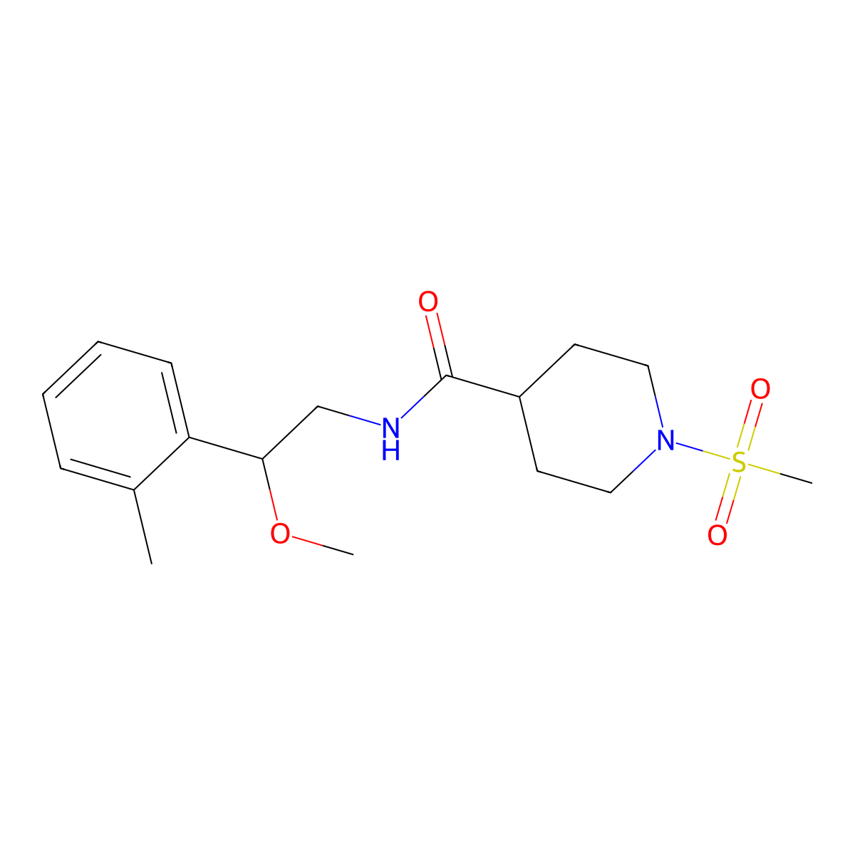 N-(2-methoxy-2-(o-tolyl)ethyl)-1-(methylsulfonyl)piperidine-4-carboxamide molecular structure, CAS 1448073-90-2