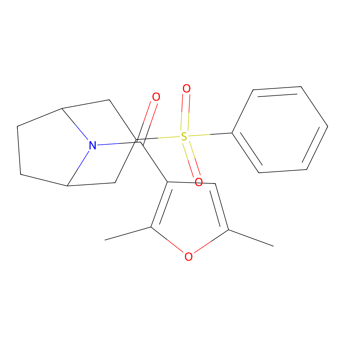 (2,5-dimethylfuran-3-yl)((1R,5S)-3-(phenylsulfonyl)-8-azabicyclo[3.2.1]octan-8-yl)methanone molecular structure, CAS 1448073-91-3