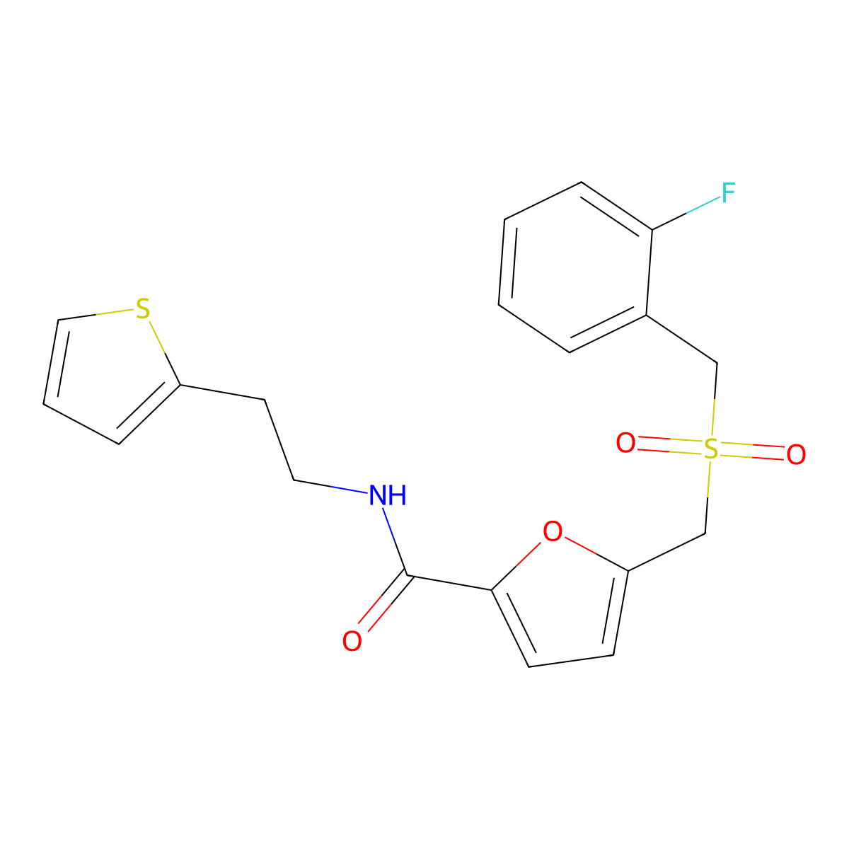 5-(((2-fluorobenzyl)sulfonyl)methyl)-N-(2-(thiophen-2-yl)ethyl)furan-2-carboxamide molecular structure, CAS 1448074-00-7