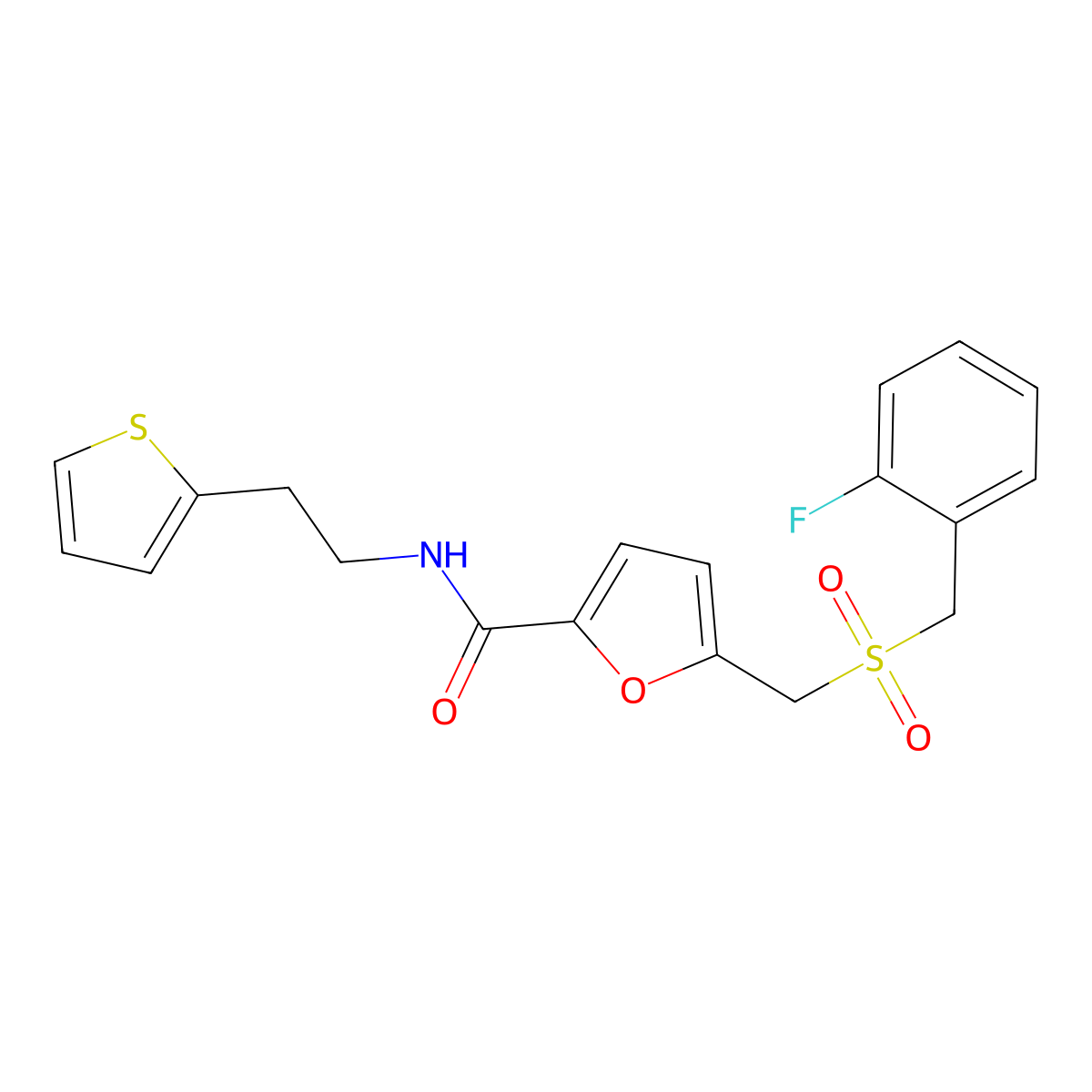 5-(((2-fluorobenzyl)sulfonyl)methyl)-N-(2-(thiophen-2-yl)ethyl)furan-2-carboxamide molecular structure, CAS 1448074-00-7