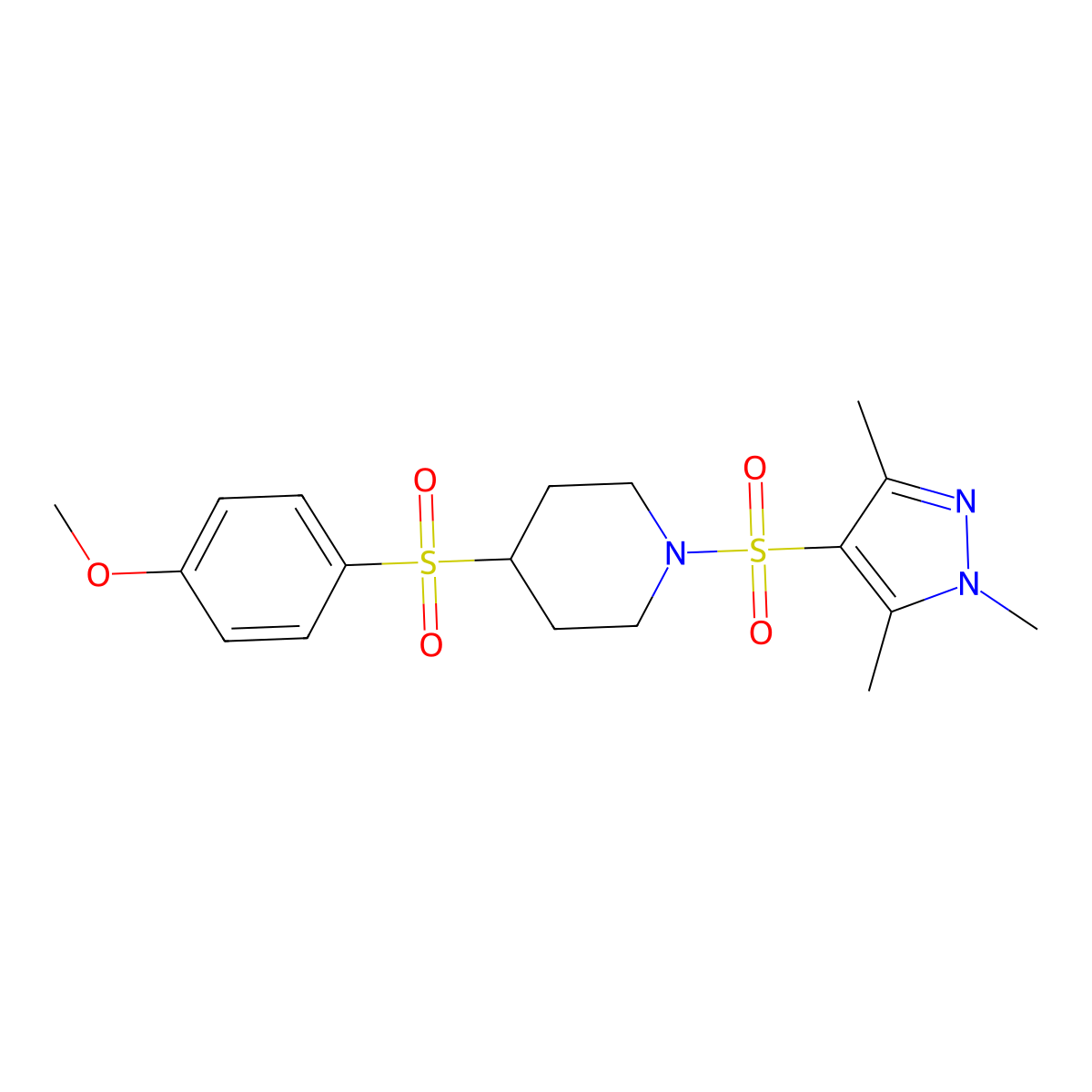 4-((4-methoxyphenyl)sulfonyl)-1-((1,3,5-trimethyl-1H-pyrazol-4-yl)sulfonyl)piperidine molecular structure, CAS 1448074-52-9