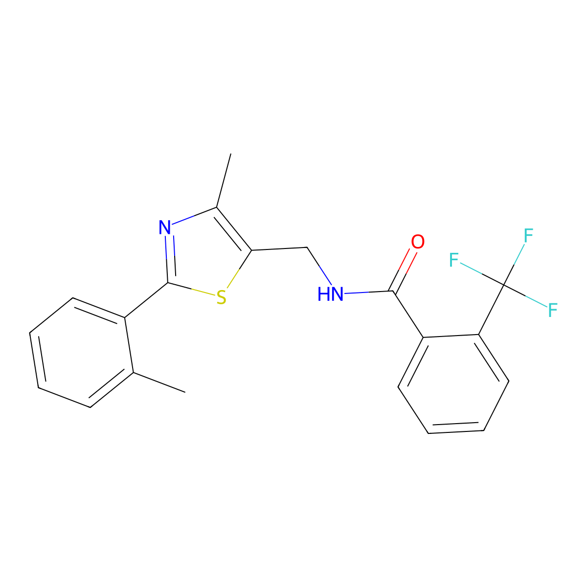 N-((4-methyl-2-(o-tolyl)thiazol-5-yl)methyl)-2-(trifluoromethyl)benzamide molecular structure, CAS 1448074-55-2