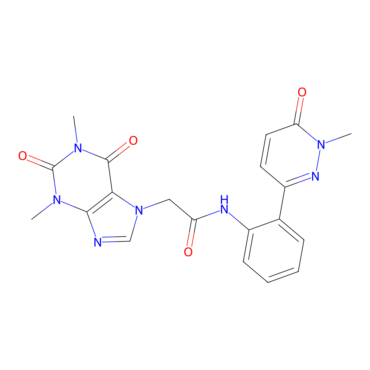 2-(1,3-dimethyl-2,6-dioxo-2,3-dihydro-1H-purin-7(6H)-yl)-N-(2-(1-methyl-6-oxo-1,6-dihydropyridazin-3-yl)phenyl)acetamide molecular structure, CAS 1448074-81-4