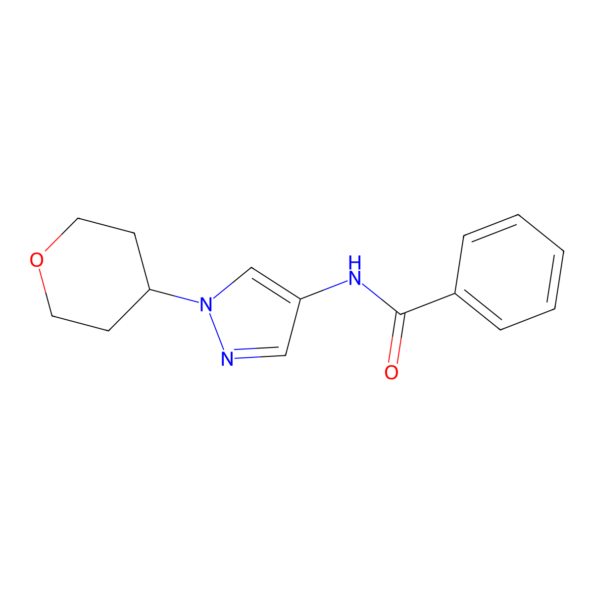 N-(1-(tetrahydro-2H-pyran-4-yl)-1H-pyrazol-4-yl)benzamide molecular structure, CAS 1448074-98-3