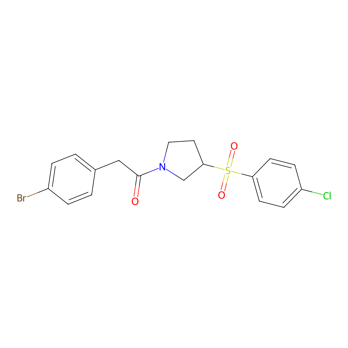 2-(4-Bromophenyl)-1-(3-((4-chlorophenyl)sulfonyl)pyrrolidin-1-yl)ethanone molecular structure, CAS 1448075-01-1