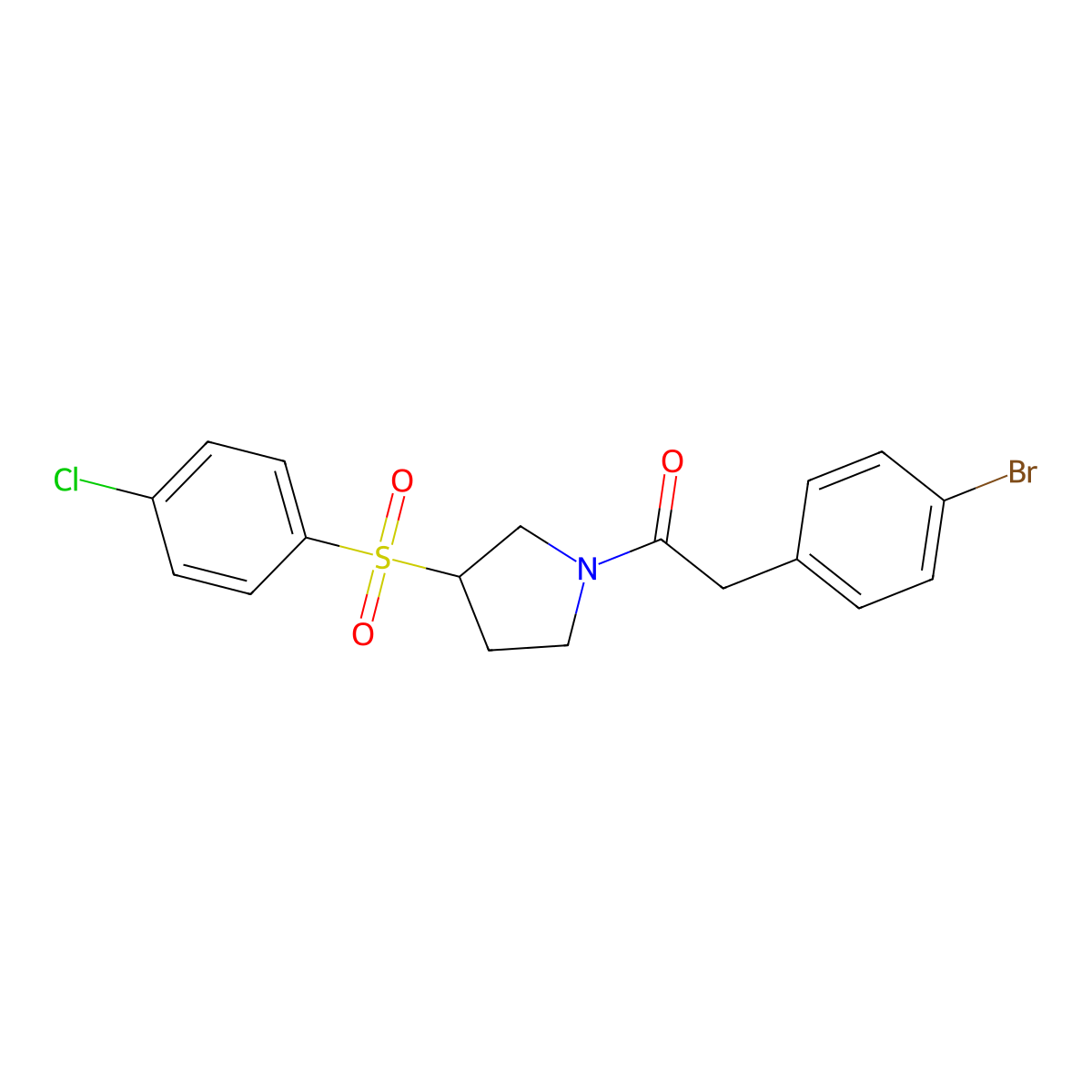 2-(4-Bromophenyl)-1-(3-((4-chlorophenyl)sulfonyl)pyrrolidin-1-yl)ethanone molecular structure, CAS 1448075-01-1