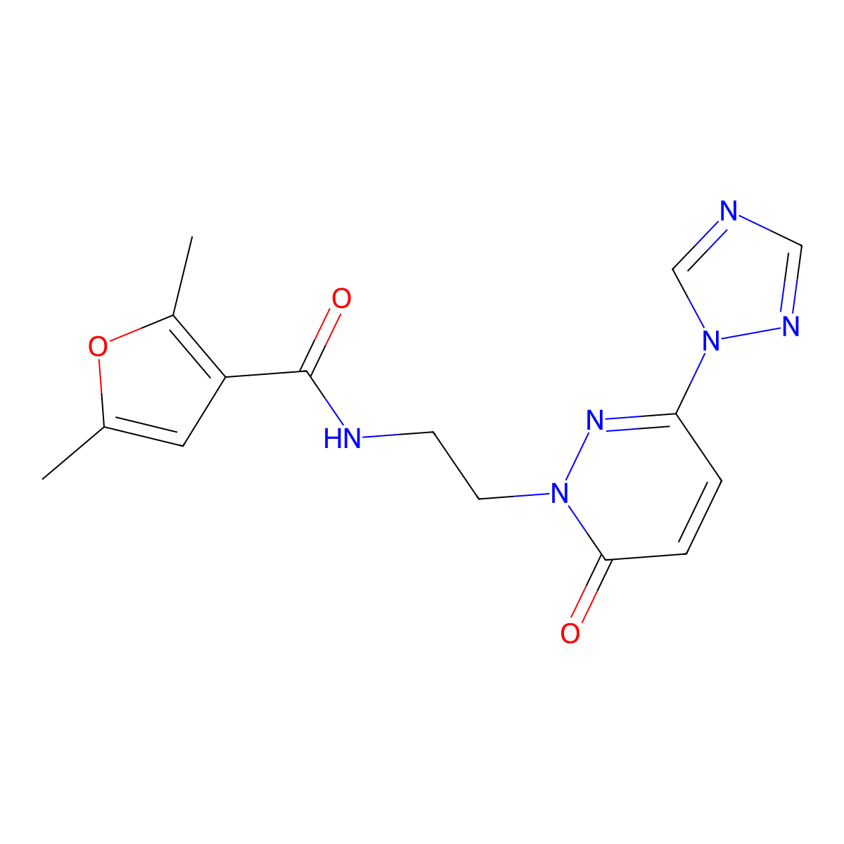 2,5-dimethyl-N-(2-(6-oxo-3-(1H-1,2,4-triazol-1-yl)pyridazin-1(6H)-yl)ethyl)furan-3-carboxamide molecular structure, CAS 1448075-12-4