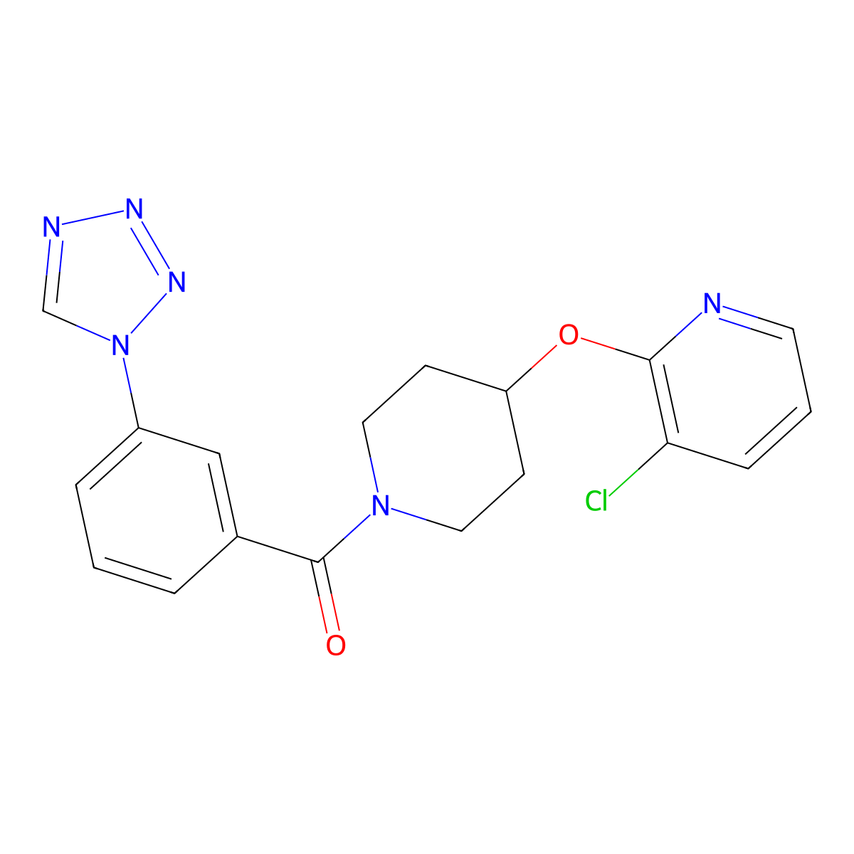 (3-(1H-tetrazol-1-yl)phenyl)(4-((3-chloropyridin-2-yl)oxy)piperidin-1-yl)methanone molecular structure, CAS 1448075-20-4