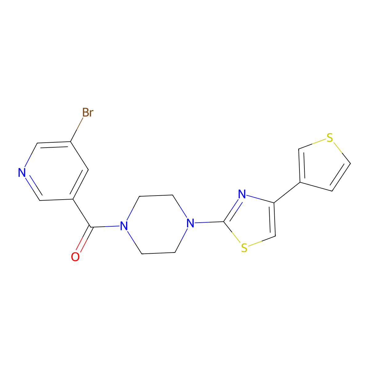 (5-Bromopyridin-3-yl)(4-(4-(thiophen-3-yl)thiazol-2-yl)piperazin-1-yl)methanone molecular structure, CAS 1448075-21-5