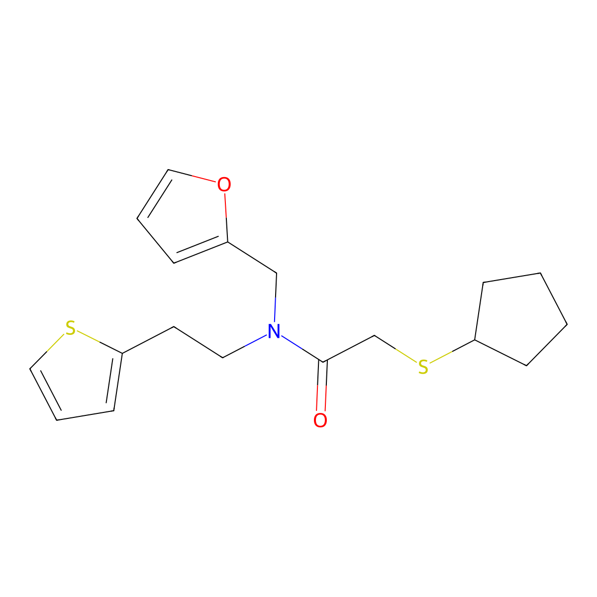 2-(cyclopentylthio)-N-(furan-2-ylmethyl)-N-(2-(thiophen-2-yl)ethyl)acetamide molecular structure, CAS 1448075-36-2